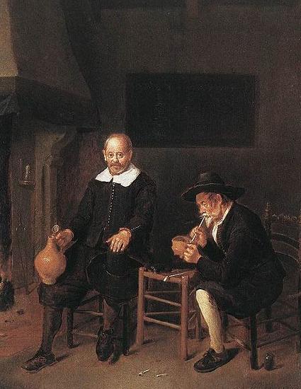Quirijn van Brekelenkam Interior with a smoking and a drinking man by a fire.